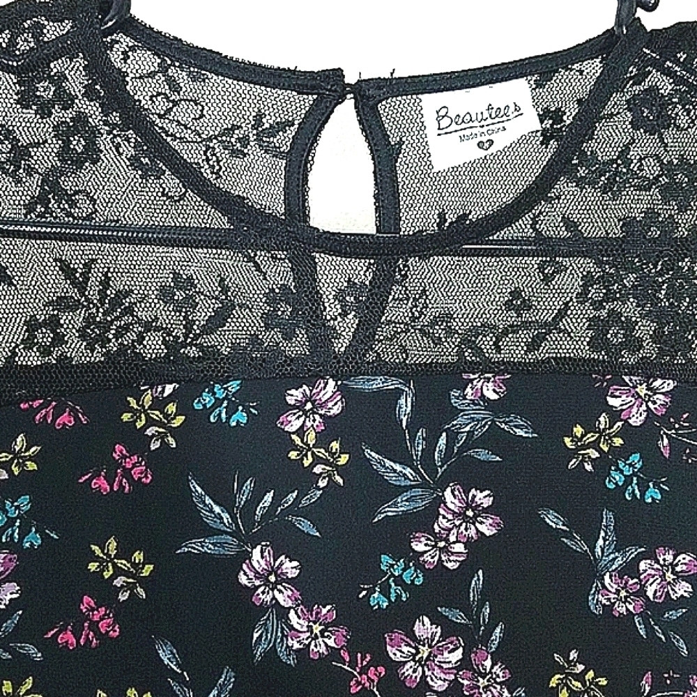 Dress 3/4 long sleeve ruffle lace floral print lined chiffon Whimsigoth Fairy - Picture 9 of 9